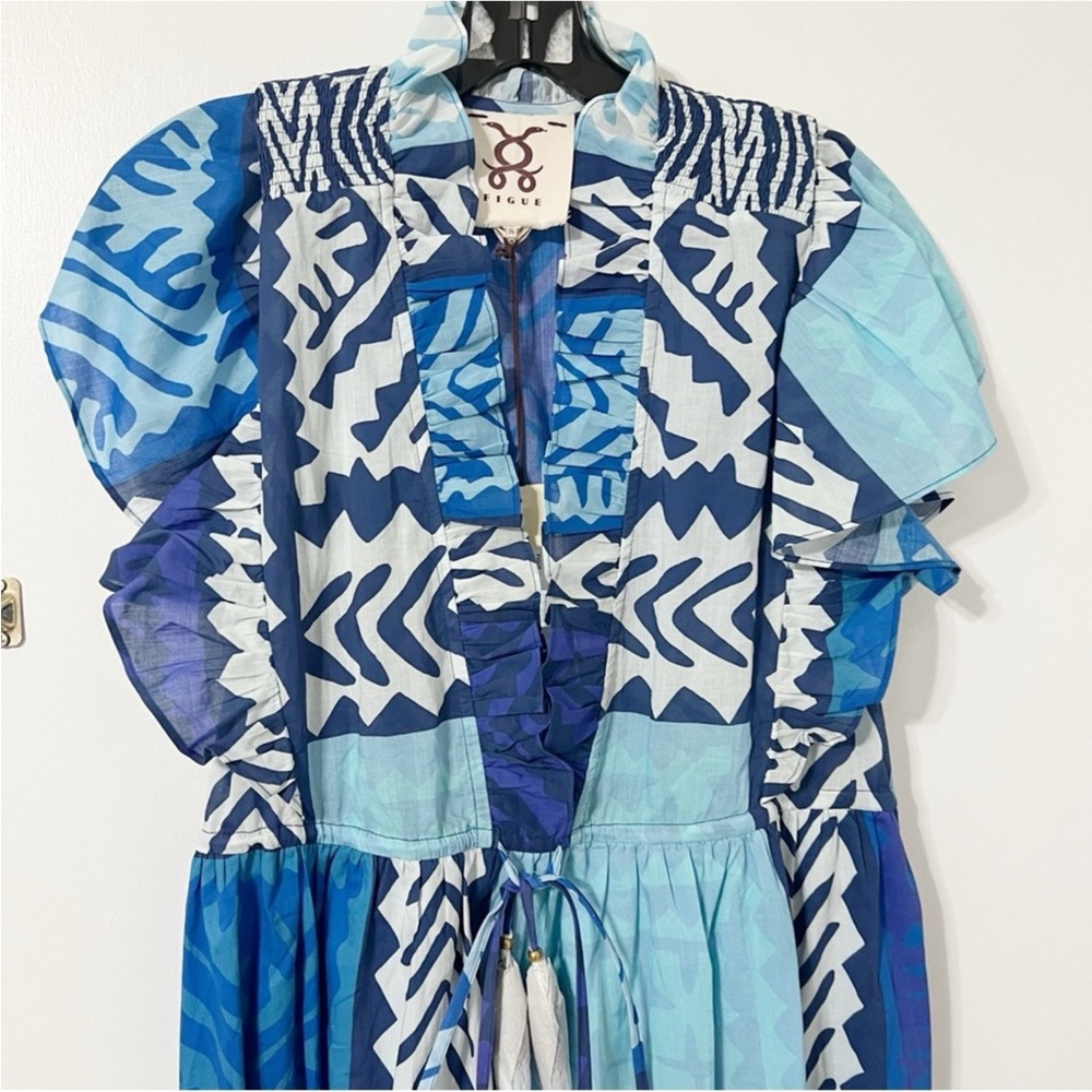 Figue Denissa NWT RARE Ruffle Tassel Drawstring Abstract Print Mini Dress Summer - Picture 8 of 15